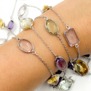 Multi Gemstone Oval Shape Bezel 925 Sterling Silver Wire Chain